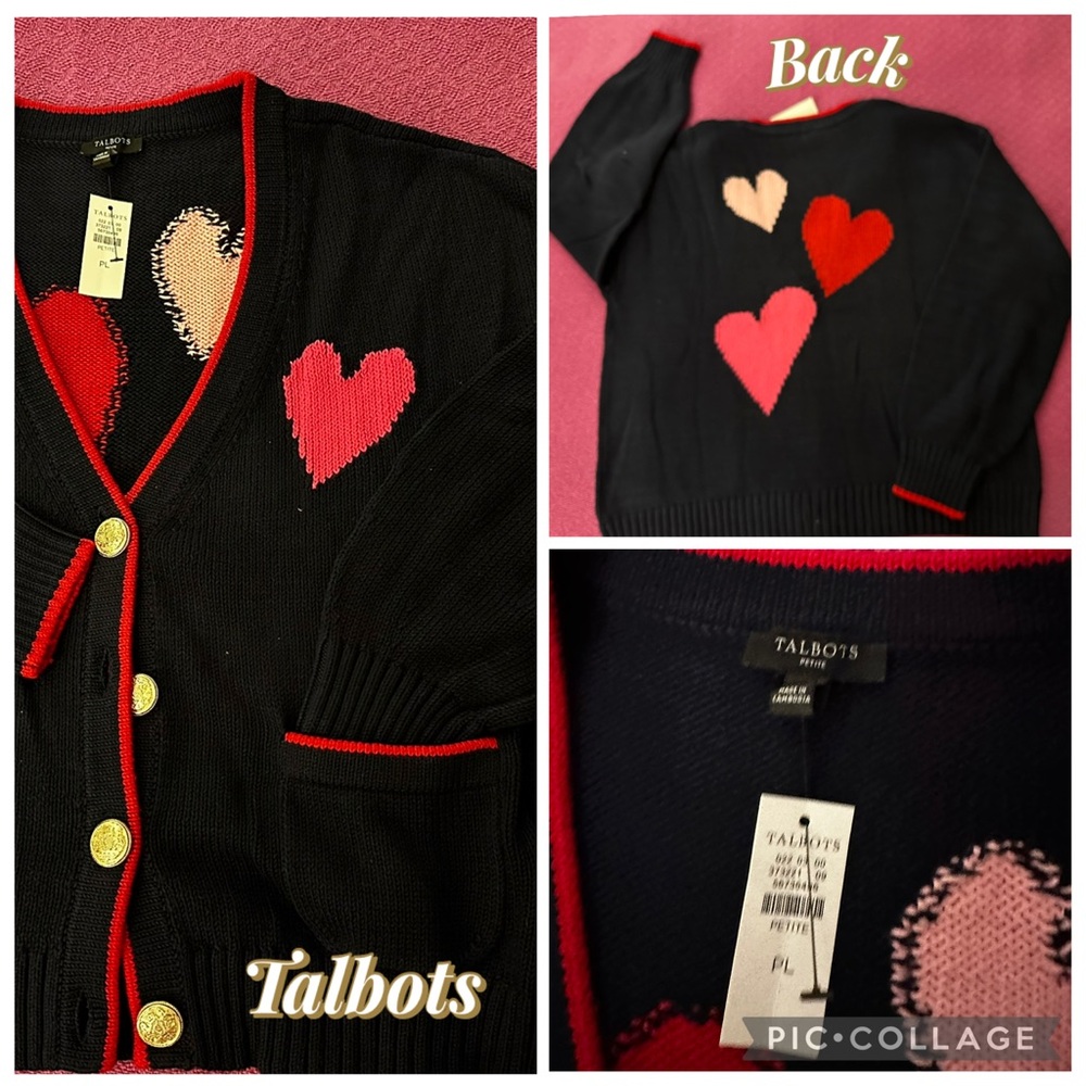 Talbots Navy Cardigan with Red and Pink Heart Intarsia. NWT FREE SHIPPING
